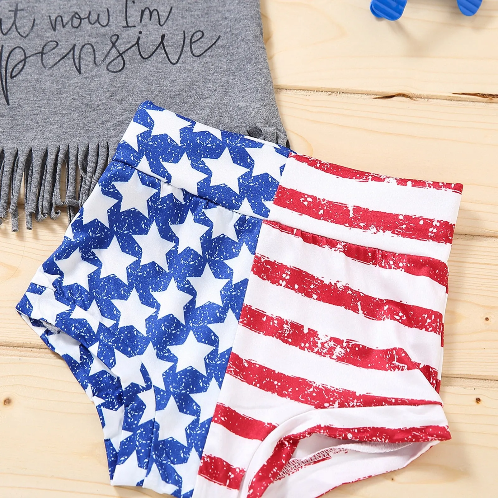3PCS Baby Girls 4 of July Tassle Vest and Stars Stripes Shorts with Headband