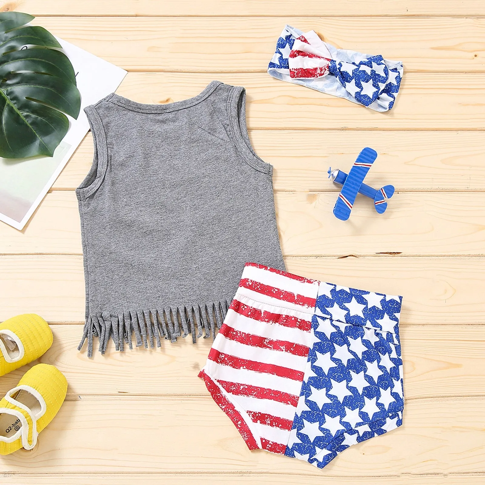 3PCS Baby Girls 4 of July Tassle Vest and Stars Stripes Shorts with Headband