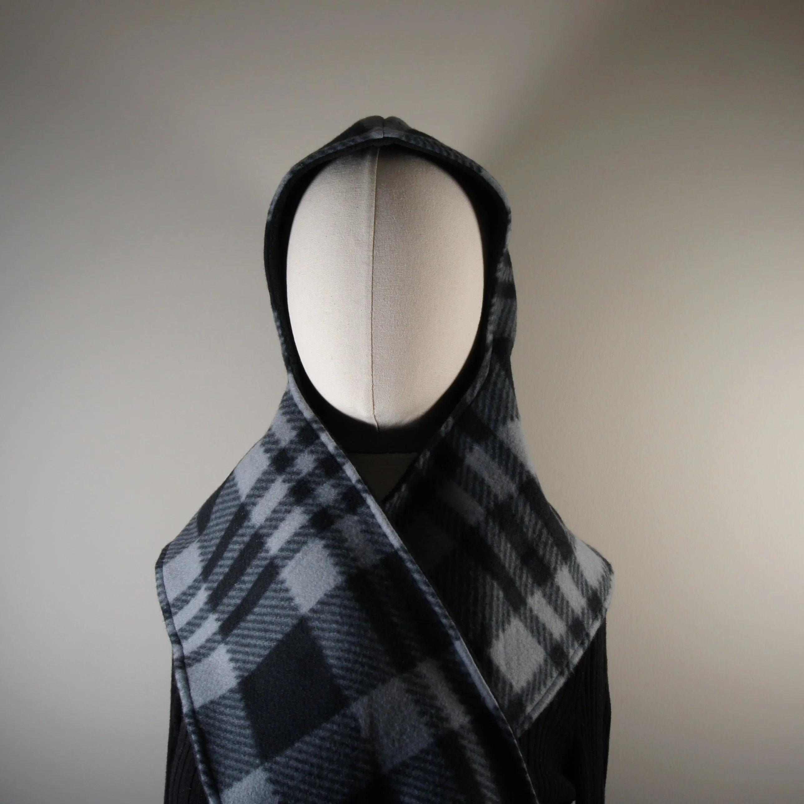 Accessories - Scarves - Hooded Wrap Scarf - Solid Black and Gray and Black Plaid