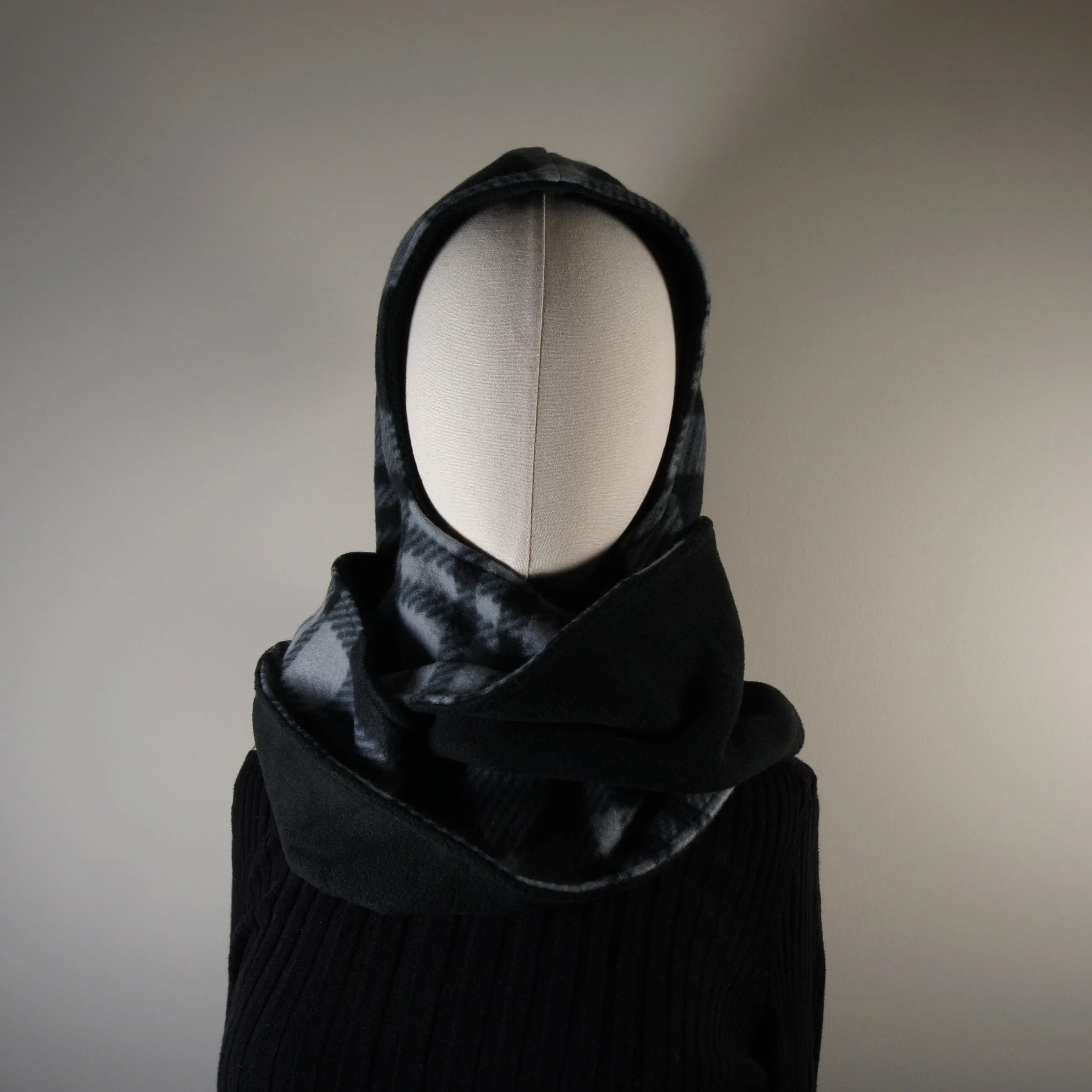 Accessories - Scarves - Hooded Wrap Scarf - Solid Black and Gray and Black Plaid