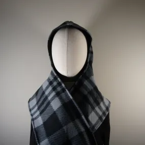 Accessories - Scarves - Hooded Wrap Scarf - Solid Black and Gray and Black Plaid