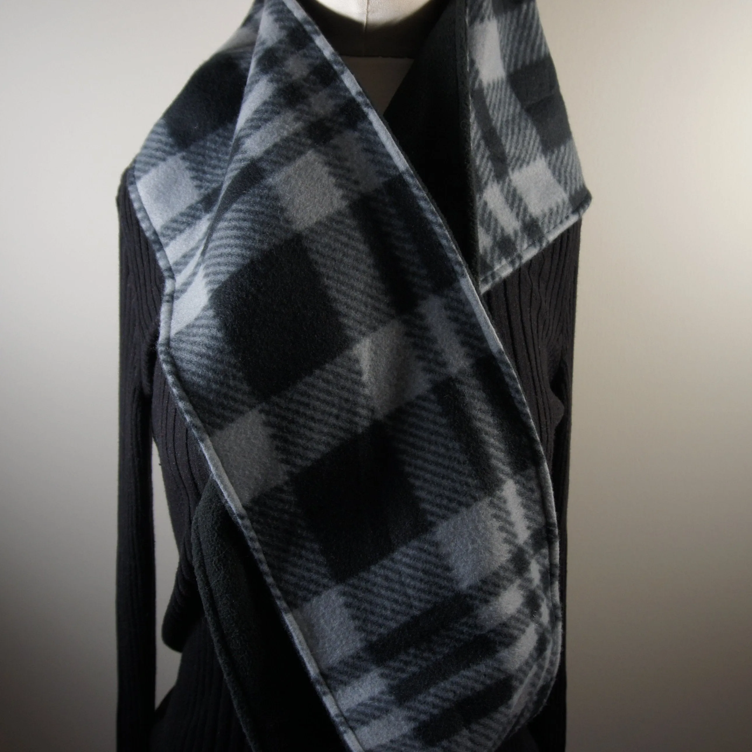 Accessories - Scarves - Hooded Wrap Scarf - Solid Black and Gray and Black Plaid