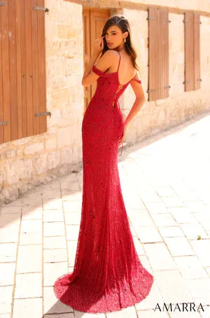 Amarra 94294 Long Prom Dress V-Neck Spaghetti Straps Lace High Slit Sequin Formal Pageant Gown