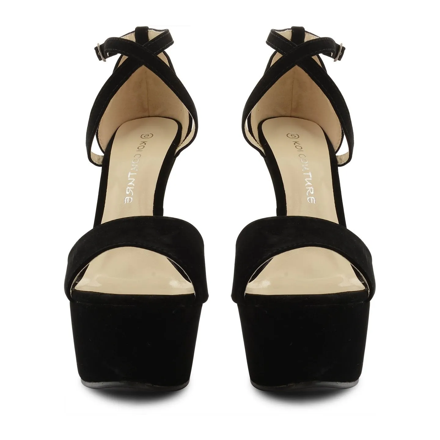 Black Suede Cross Over Strap Platform Heels - Martha