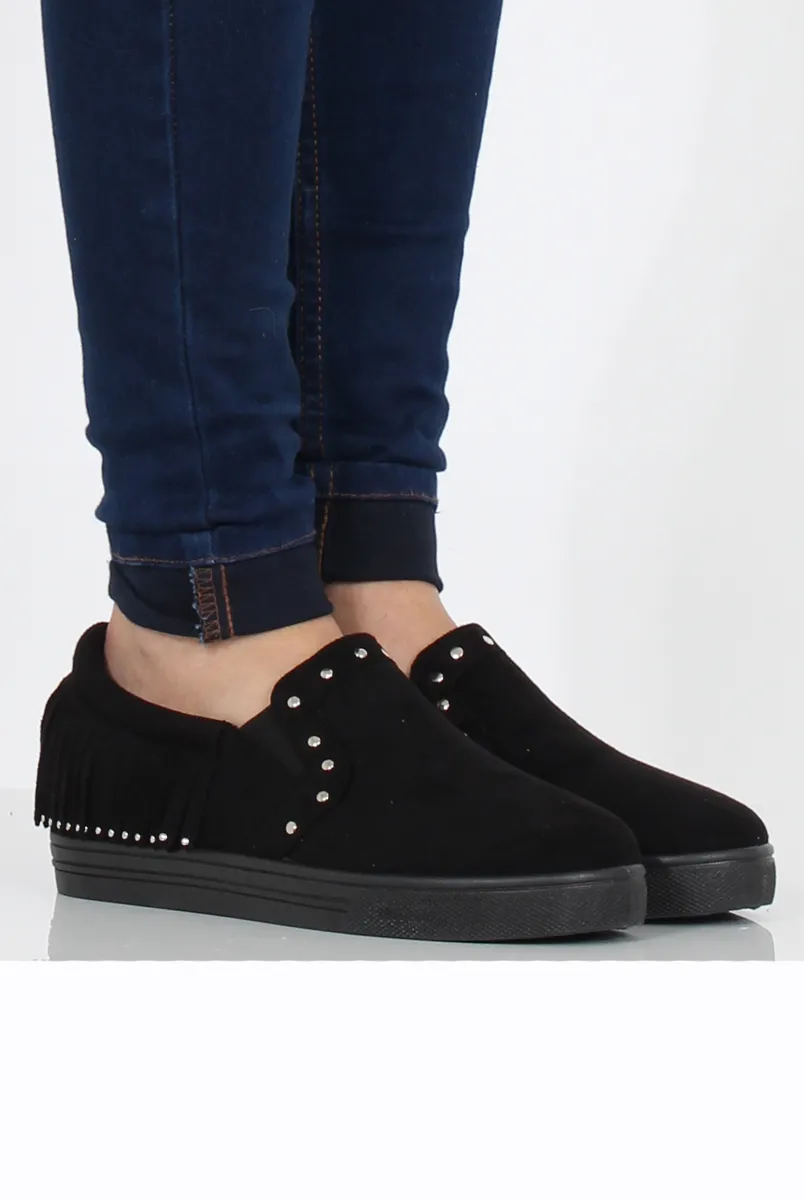 Black Suede Fringe Studded Skaters - Vivian