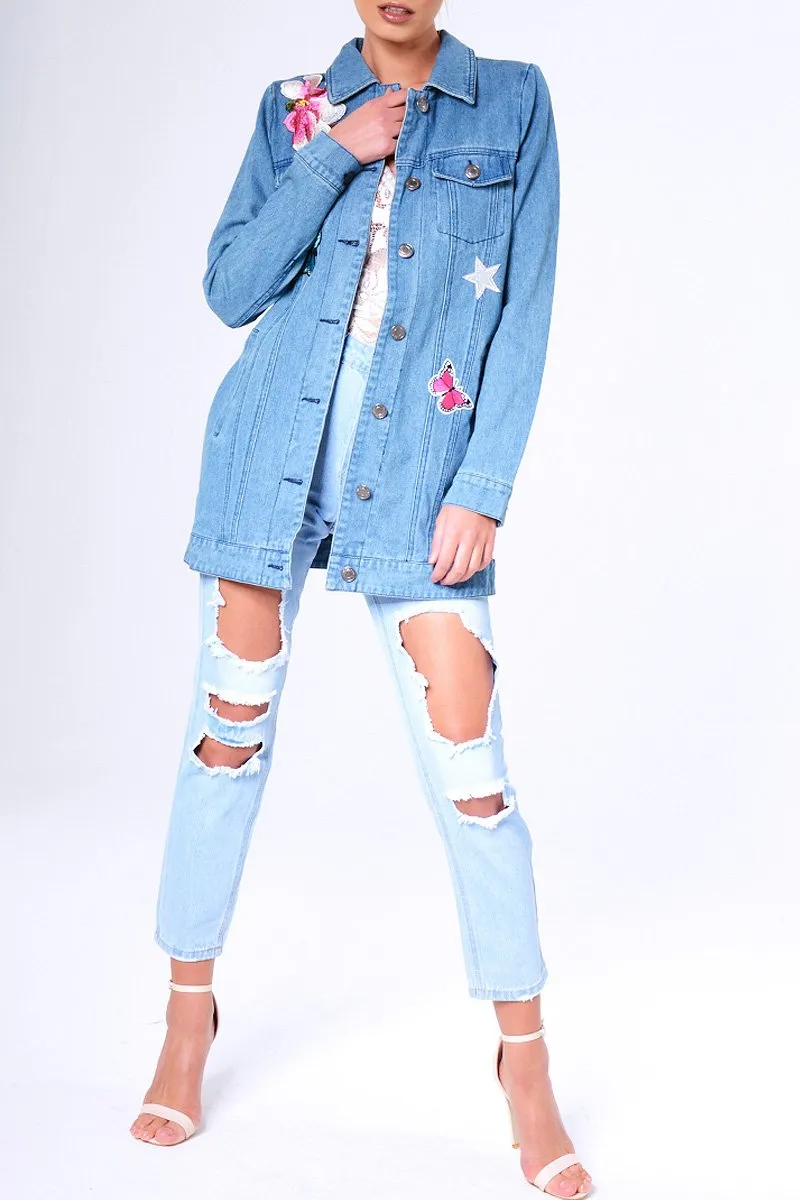 Blue Denim Embroidered Oversized Jacket - Helena