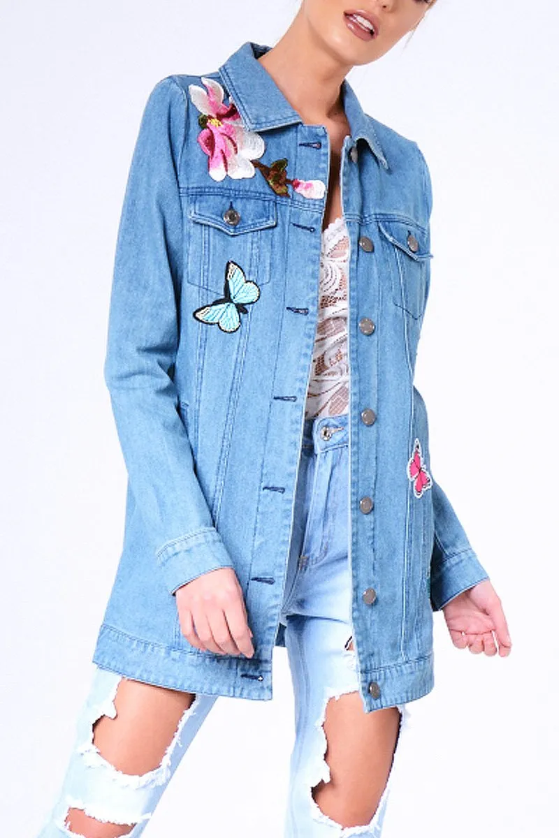 Blue Denim Embroidered Oversized Jacket - Helena