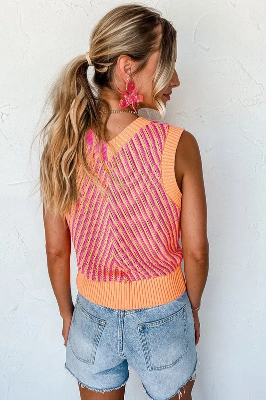 Contrast Chevron Knit V Neck Sweater Vest