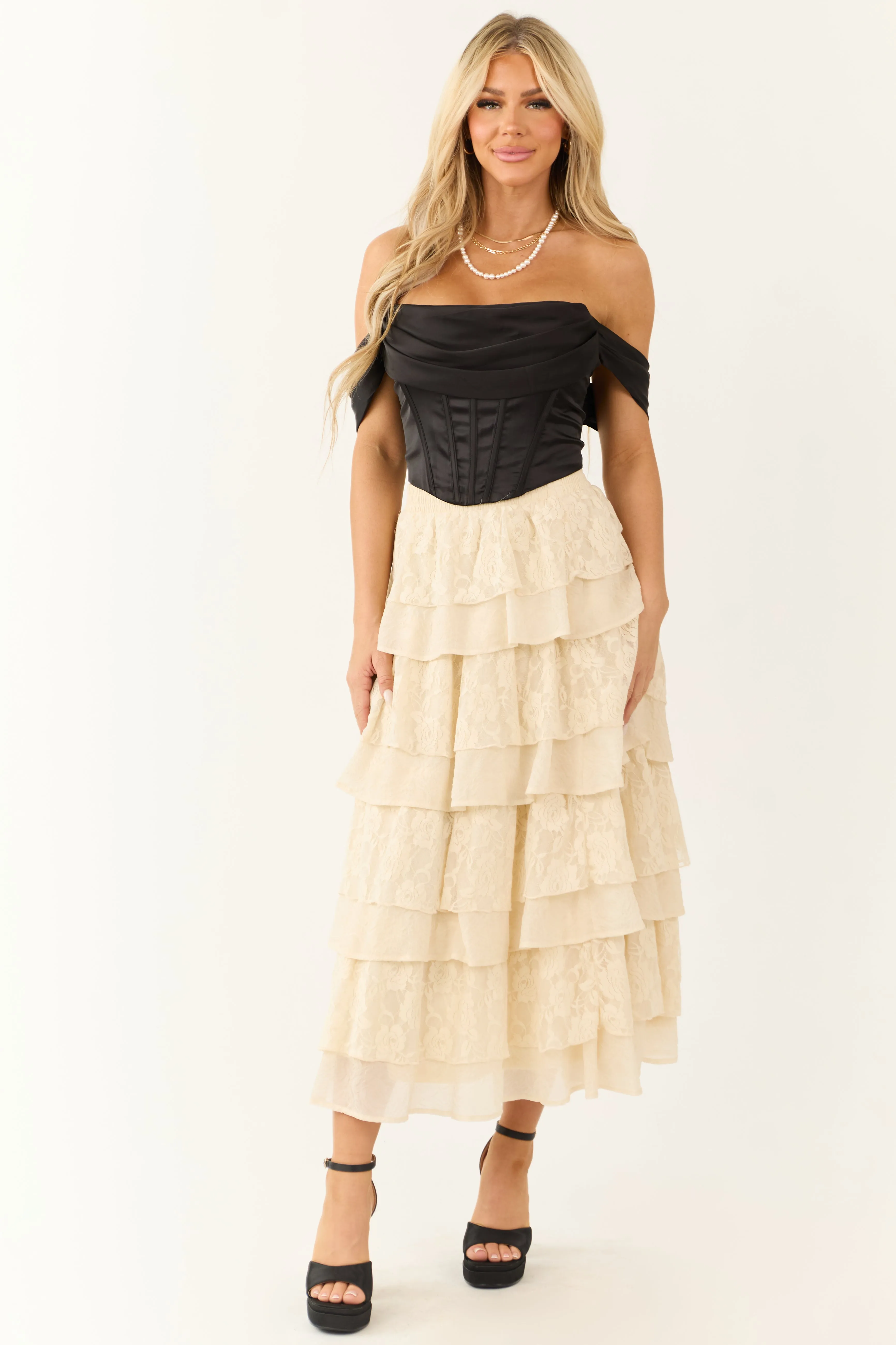 Cream Lace Ruffle Tiered Maxi Skirt