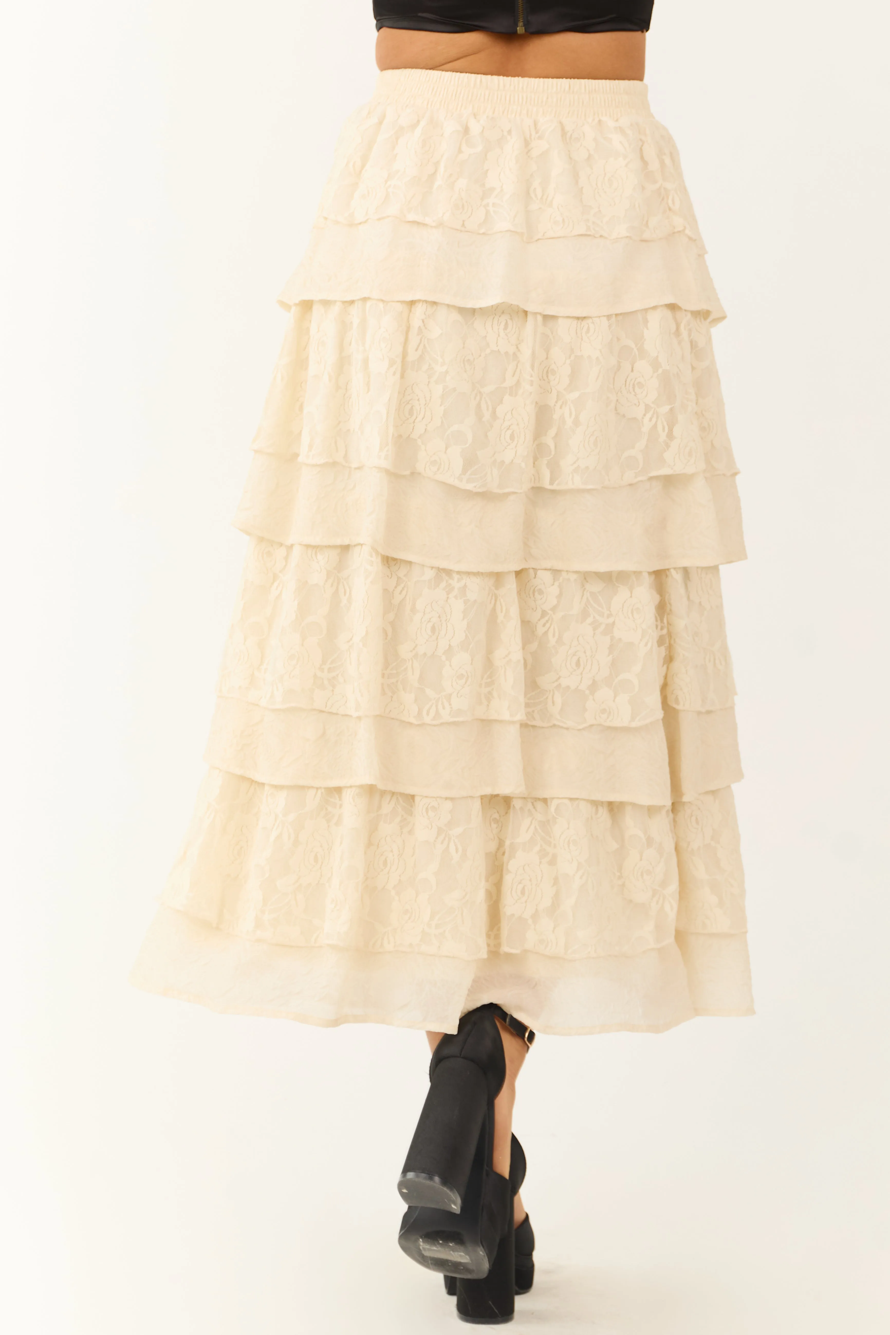 Cream Lace Ruffle Tiered Maxi Skirt