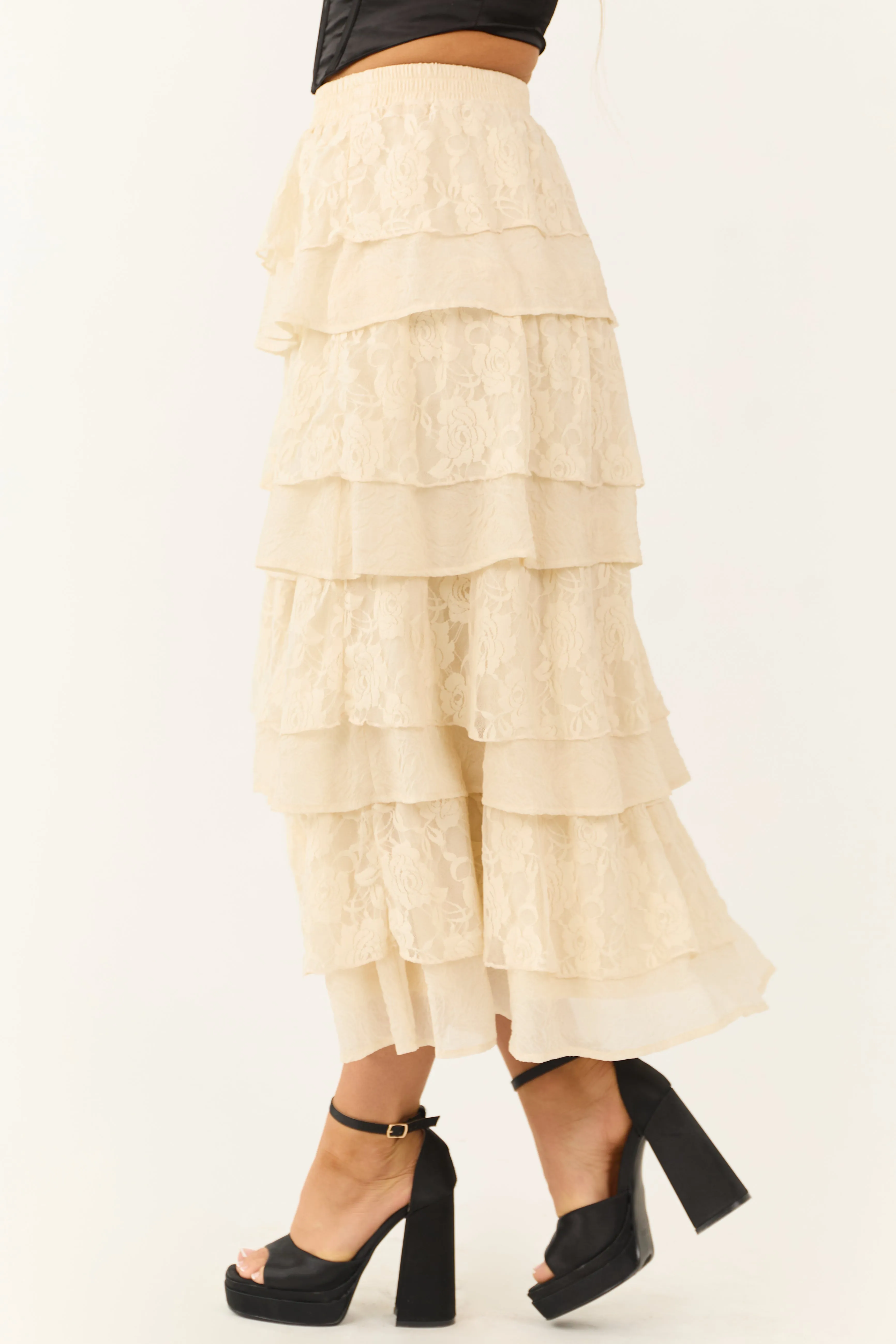 Cream Lace Ruffle Tiered Maxi Skirt