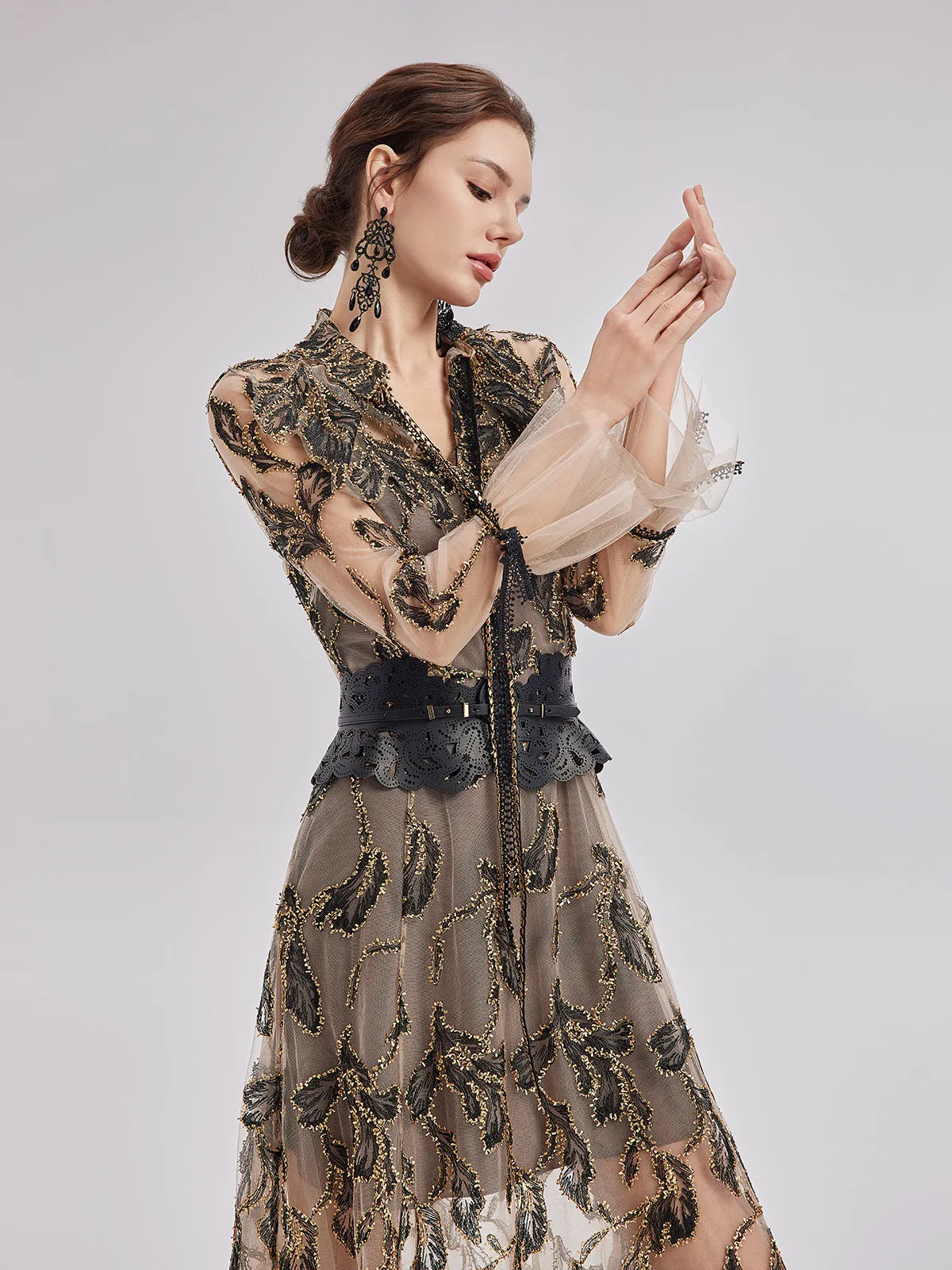 Custom Italian Floral Jacquard Dress(With Waist Chain)
