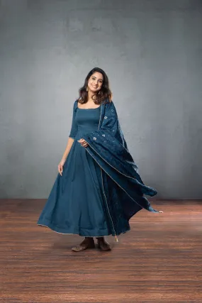 Dark Blue Anarkali (3-piece Set)