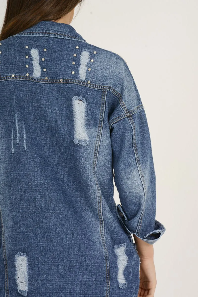 Dark Studded Distressed Oversized Denim Jacket - Barbara