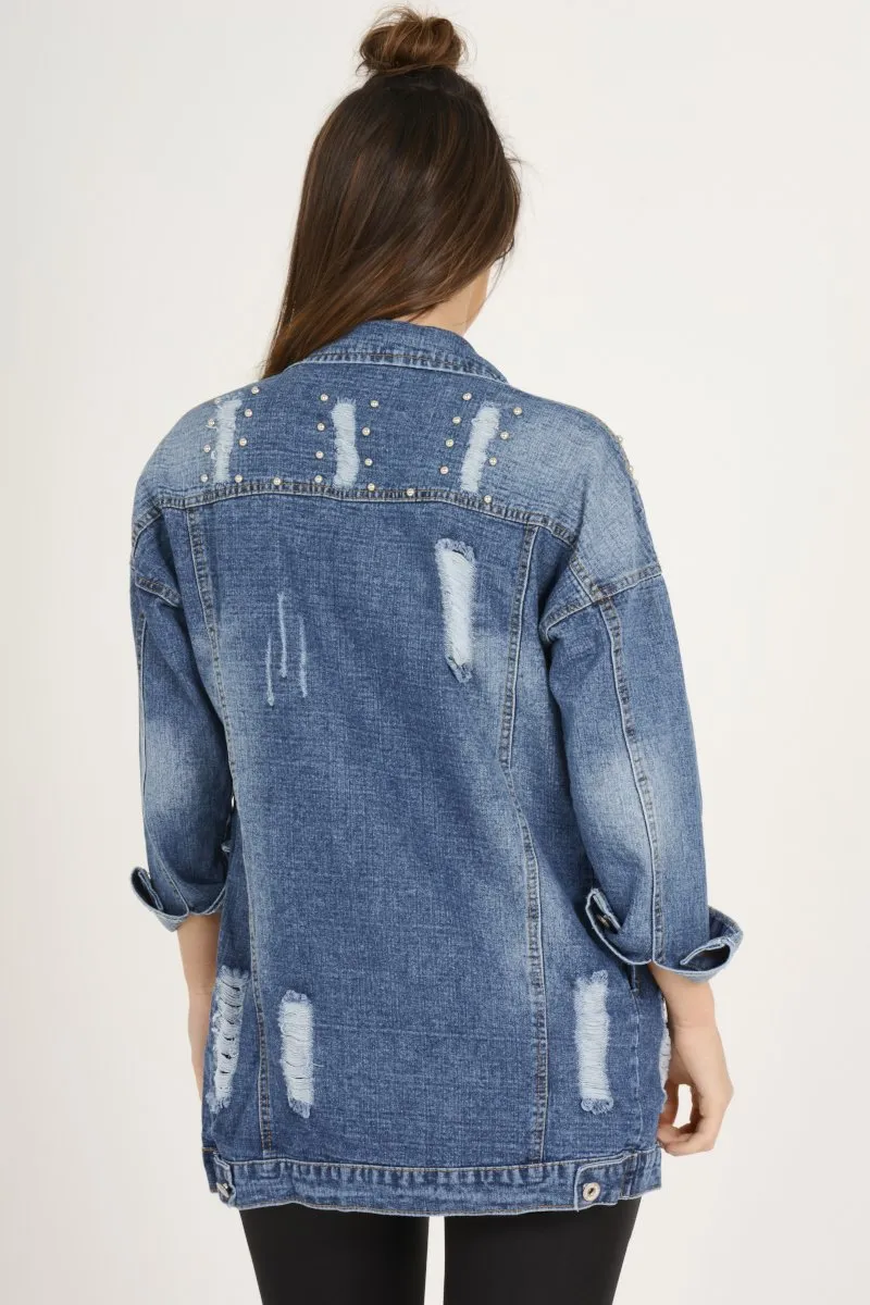 Dark Studded Distressed Oversized Denim Jacket - Barbara