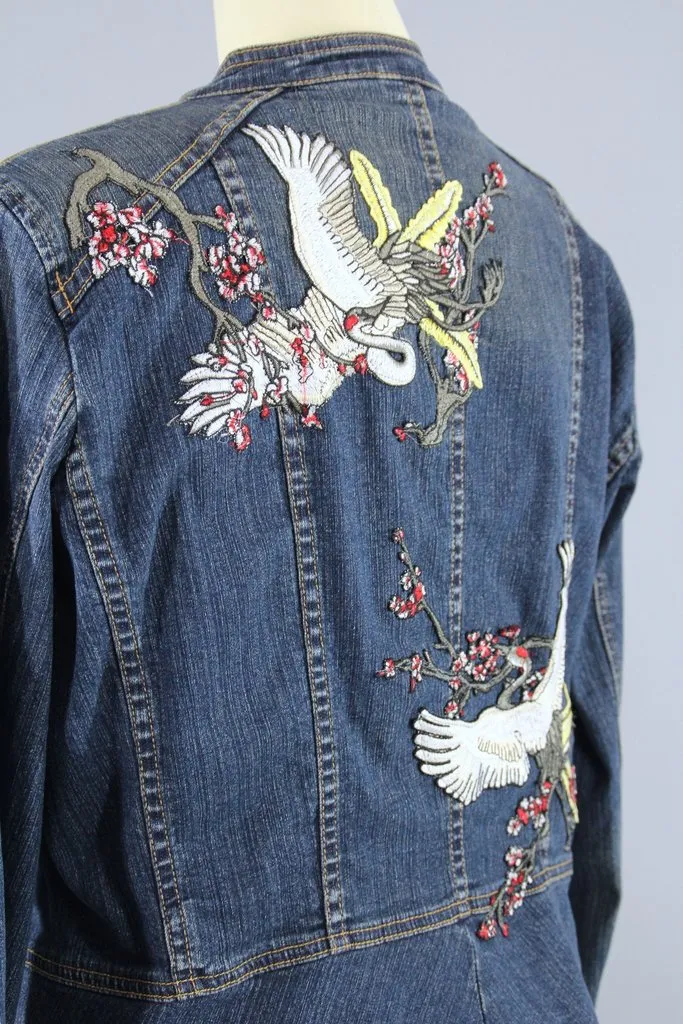 Denim Jacket with Asian Cranes Birds Embroidered Patch