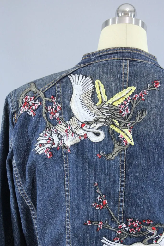 Denim Jacket with Asian Cranes Birds Embroidered Patch