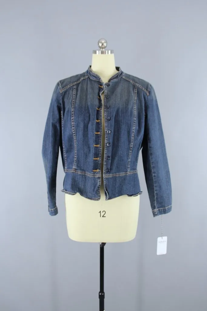 Denim Jacket with Asian Cranes Birds Embroidered Patch