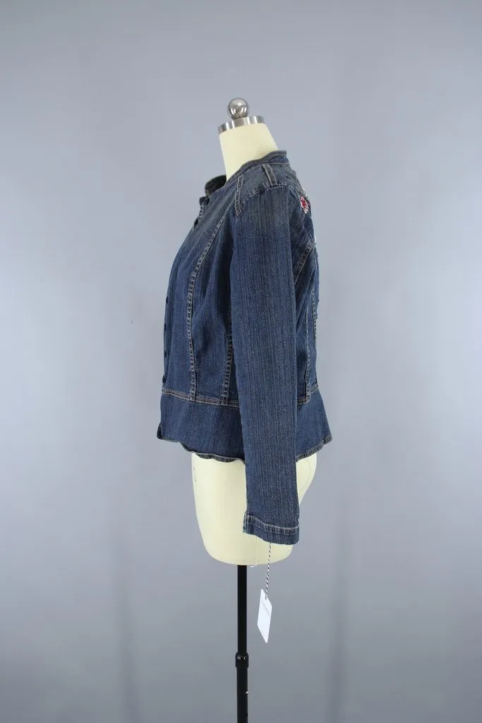 Denim Jacket with Asian Cranes Birds Embroidered Patch