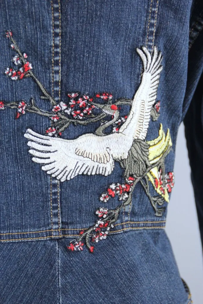 Denim Jacket with Asian Cranes Birds Embroidered Patch