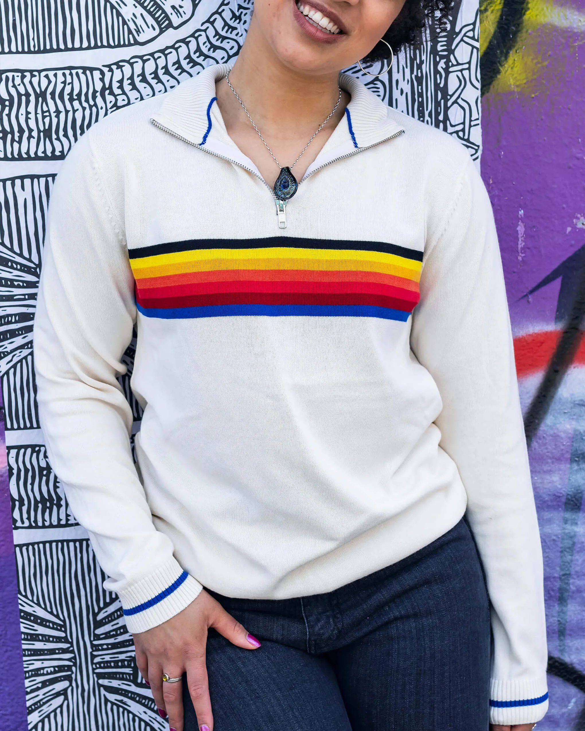 Ecru Retro Zip Neck Jumper
