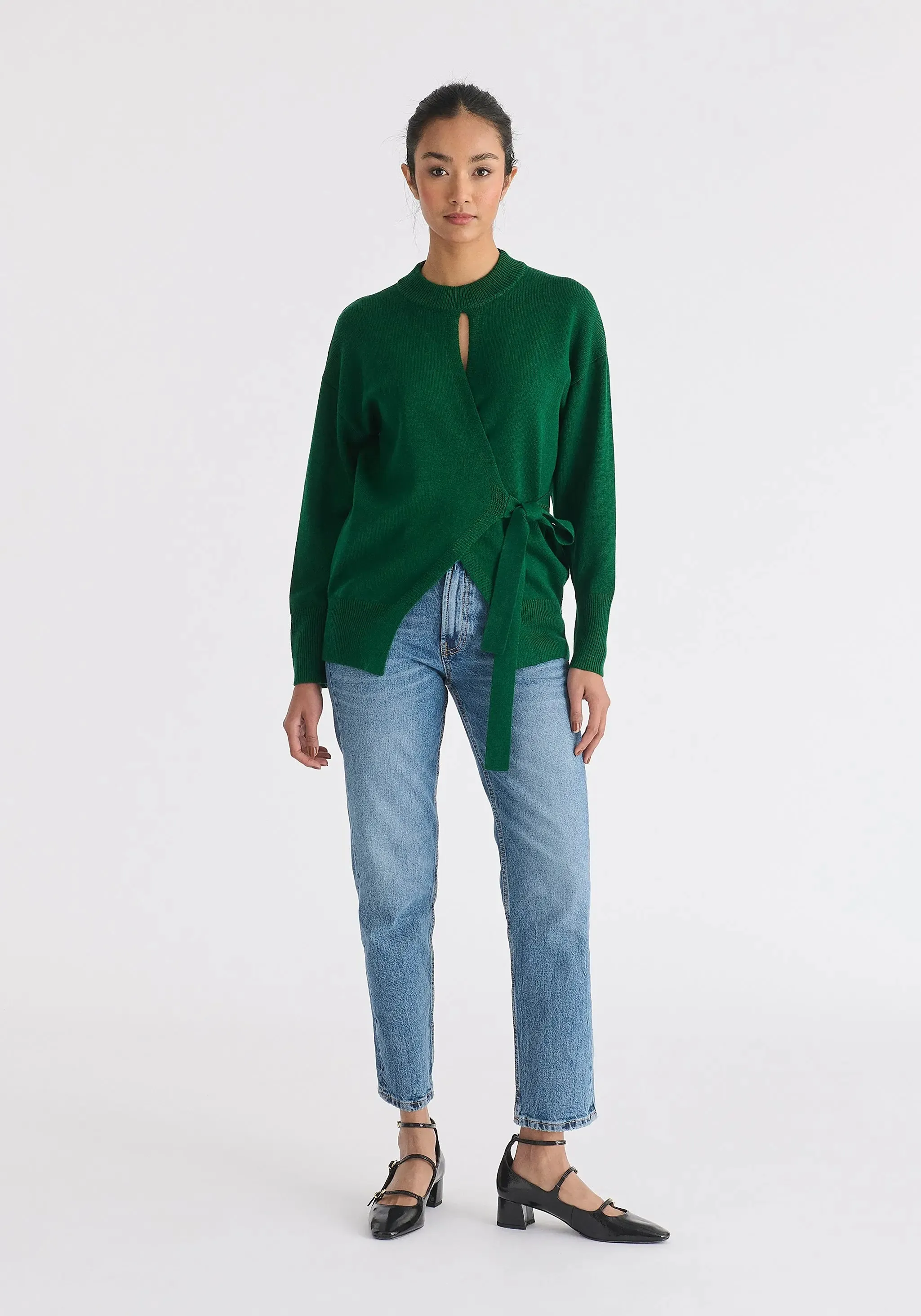 Green Open Front Mock Neck Wrap Jumper