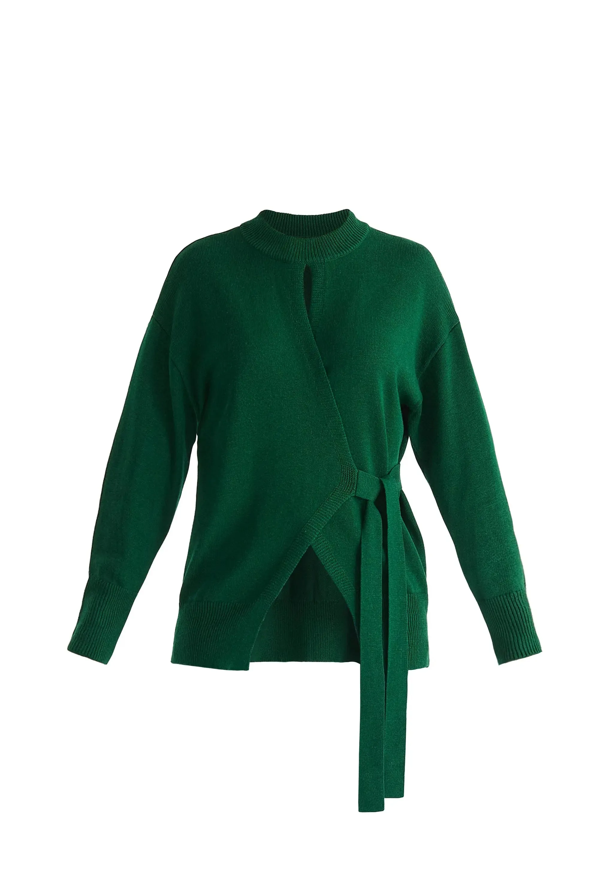 Green Open Front Mock Neck Wrap Jumper