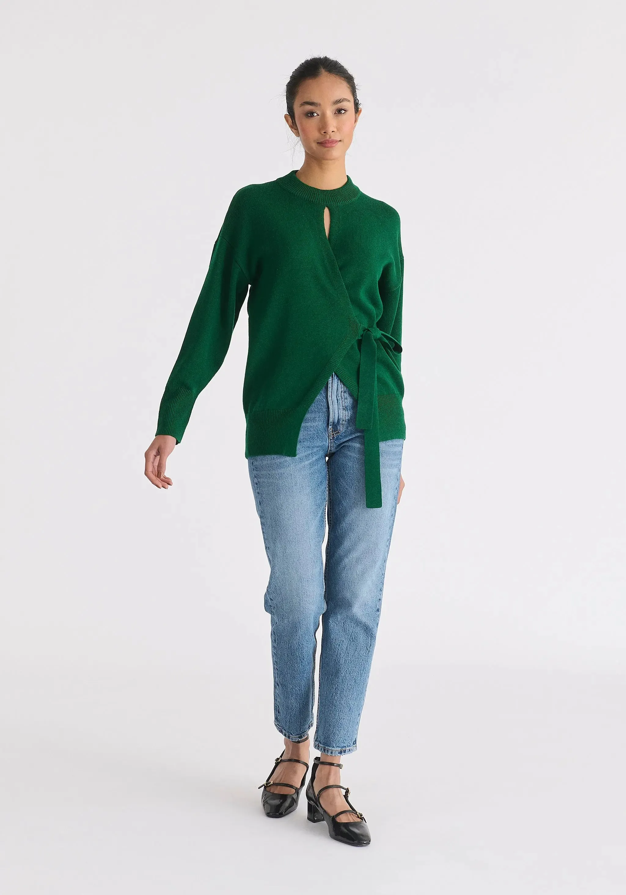 Green Open Front Mock Neck Wrap Jumper