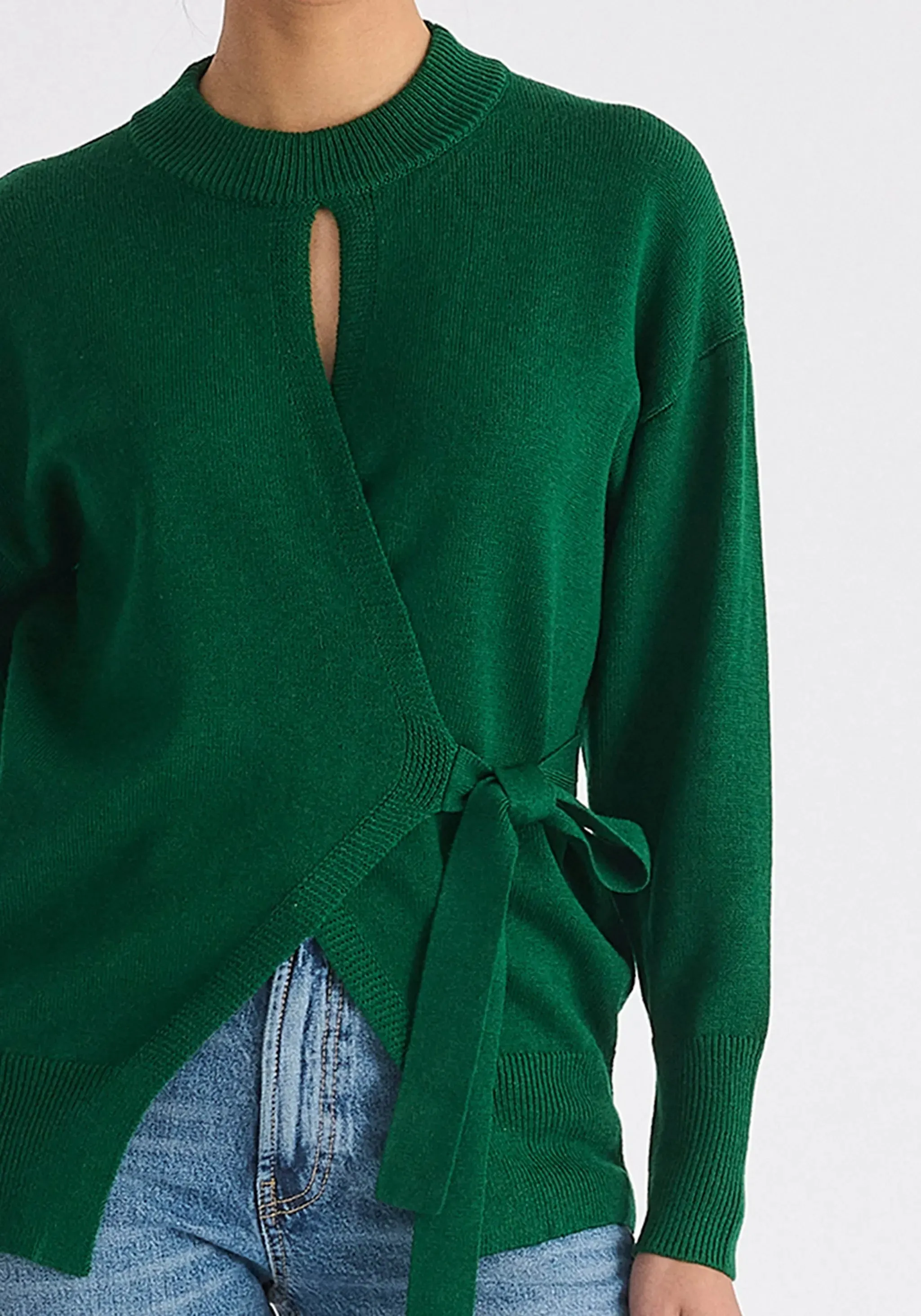 Green Open Front Mock Neck Wrap Jumper