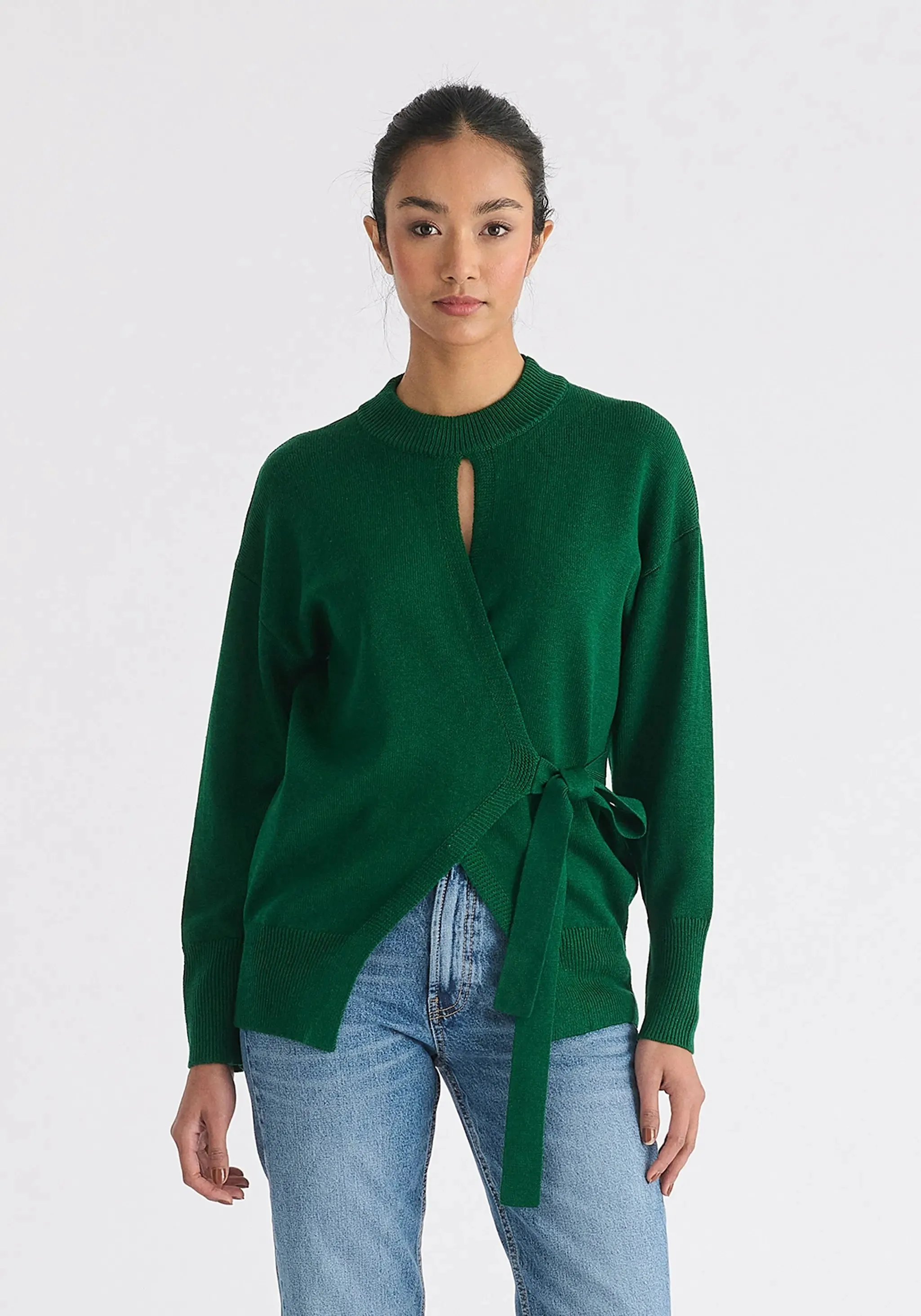 Green Open Front Mock Neck Wrap Jumper