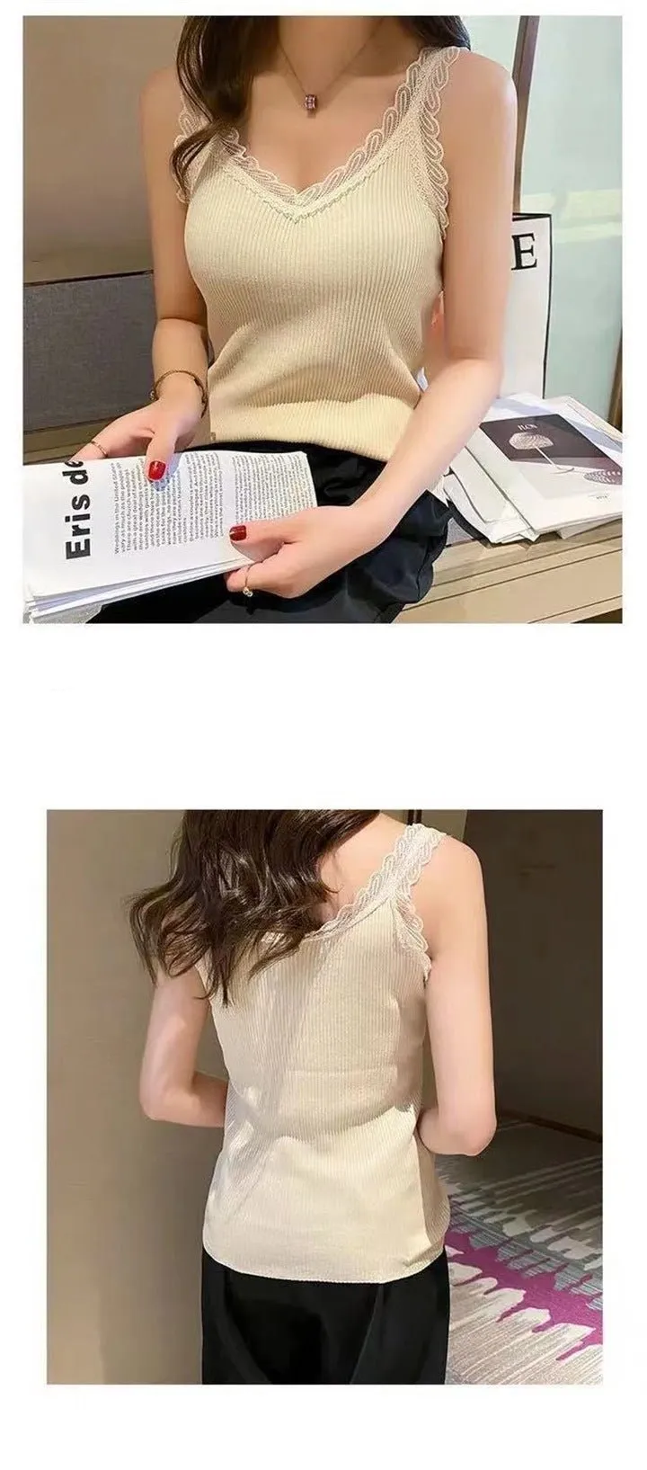 Irregular Hem ice silk lace beautiful back knitted camisole vest for women