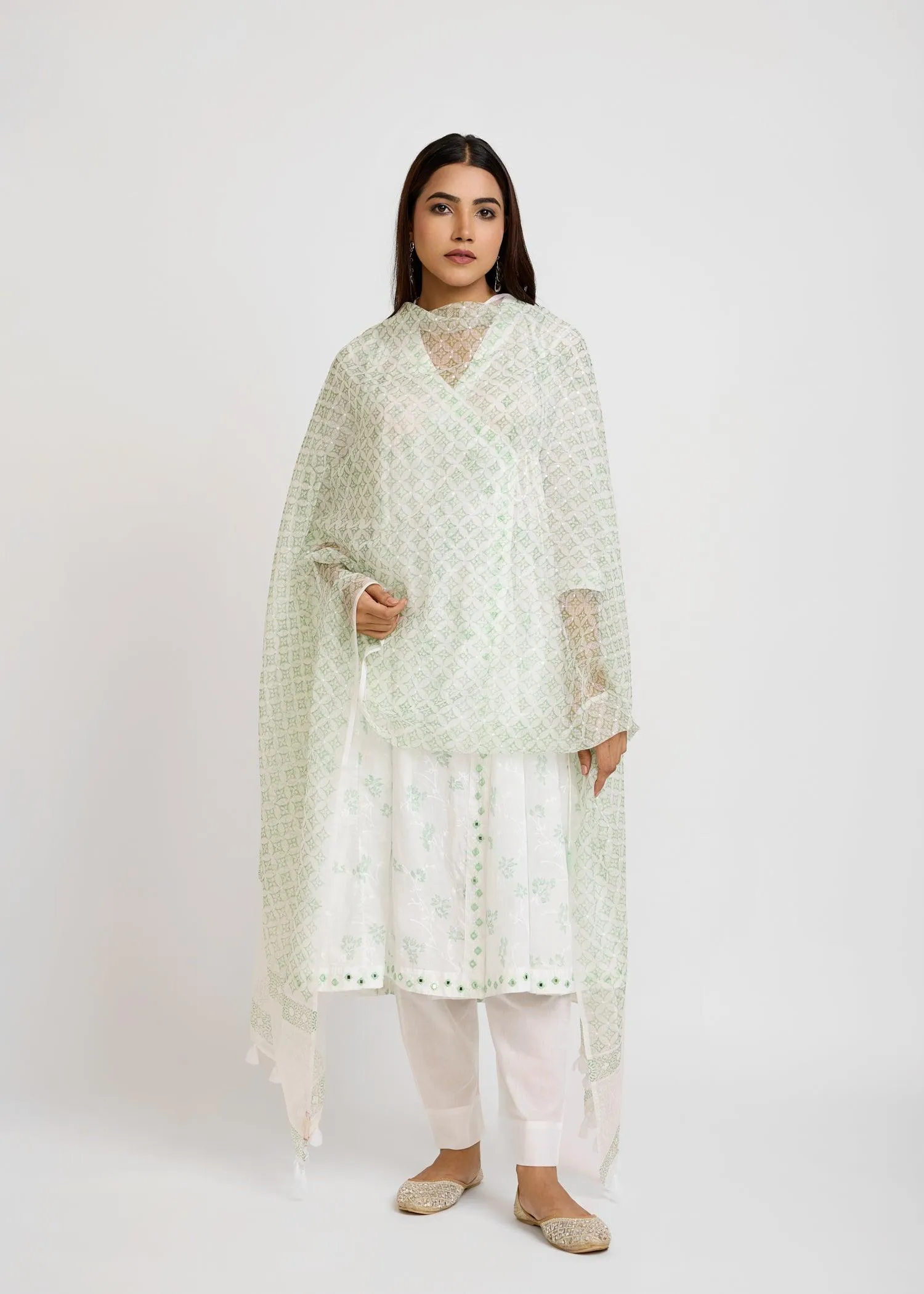 Kalidar Achkan White & Green Cotton Long Kurta