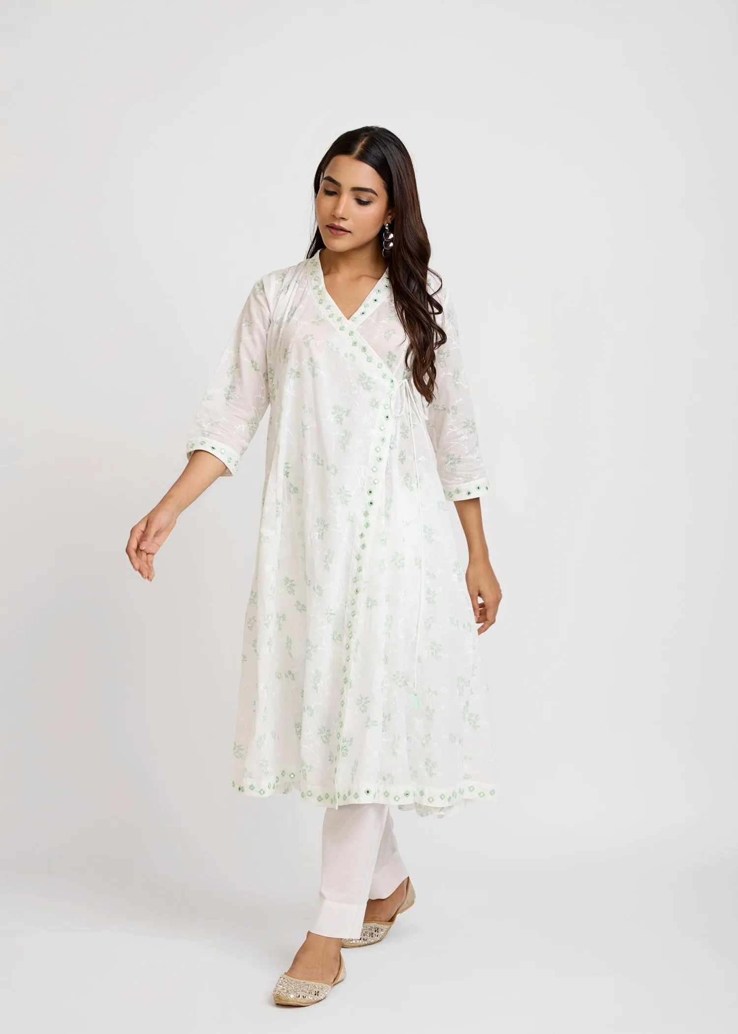 Kalidar Achkan White & Green Cotton Long Kurta