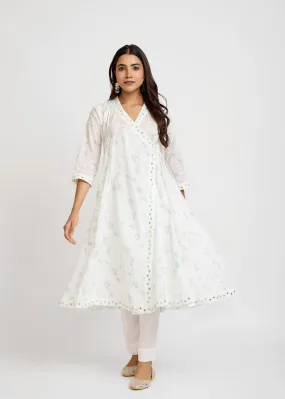 Kalidar Achkan White & Green Cotton Long Kurta