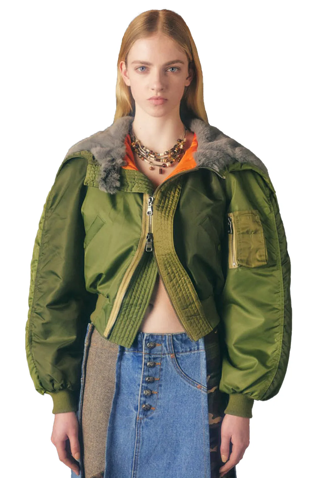 Kamila Contrast-Panel Shearling-Collar Cropped Jacket
