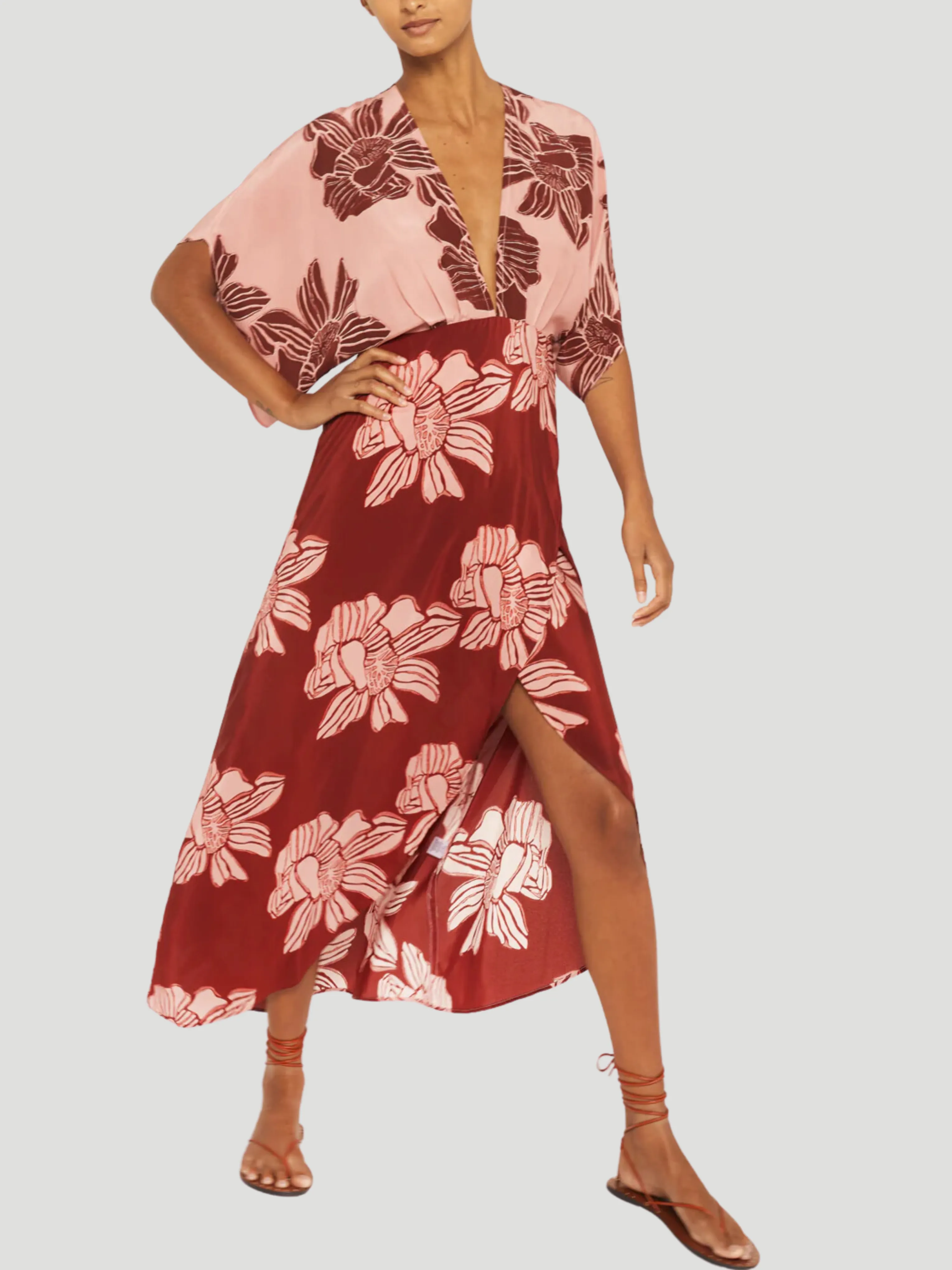 Katherine Pink Floral Kimono-Sleeve Silk Maxi Dress