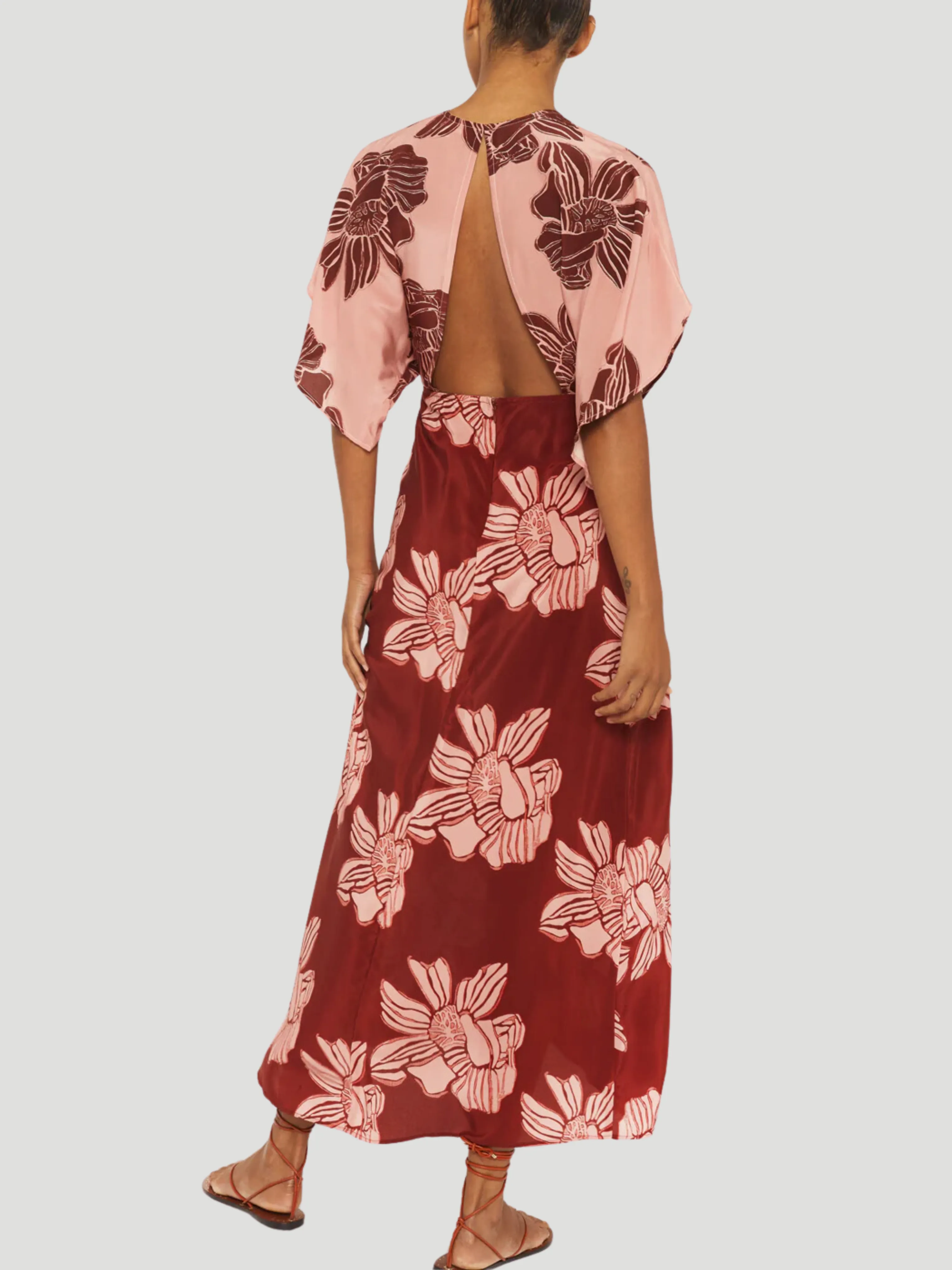 Katherine Pink Floral Kimono-Sleeve Silk Maxi Dress
