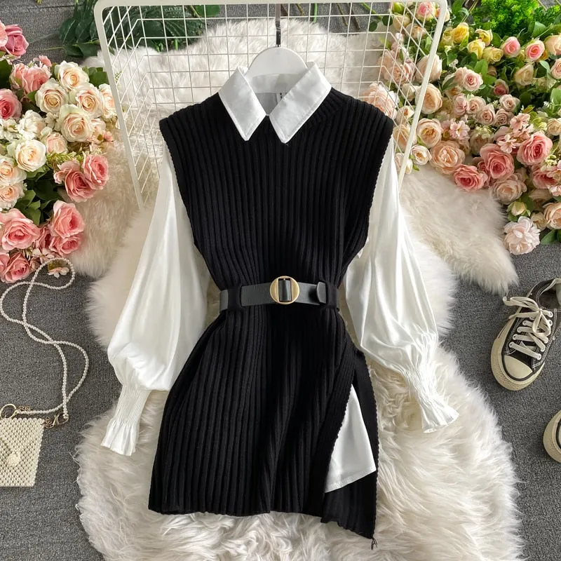 Korean Spring Autumn Women Knitted Pullovers Vest   White Blouse Casual Belt Suit Two Piece Set Conjuntos Mujer