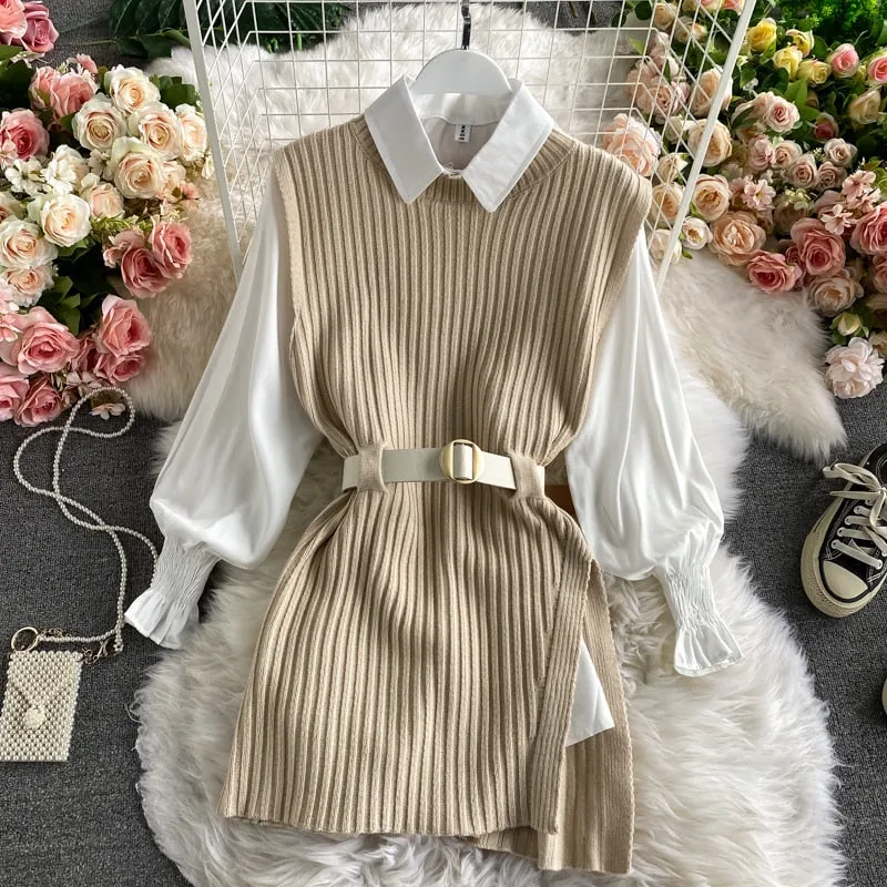 Korean Spring Autumn Women Knitted Pullovers Vest   White Blouse Casual Belt Suit Two Piece Set Conjuntos Mujer