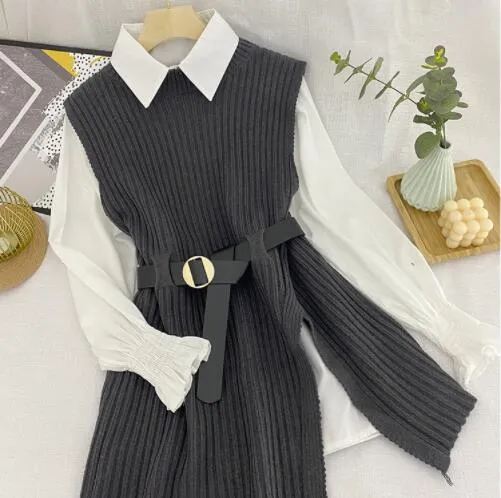 Korean Spring Autumn Women Knitted Pullovers Vest   White Blouse Casual Belt Suit Two Piece Set Conjuntos Mujer