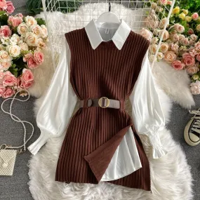 Korean Spring Autumn Women Knitted Pullovers Vest   White Blouse Casual Belt Suit Two Piece Set Conjuntos Mujer