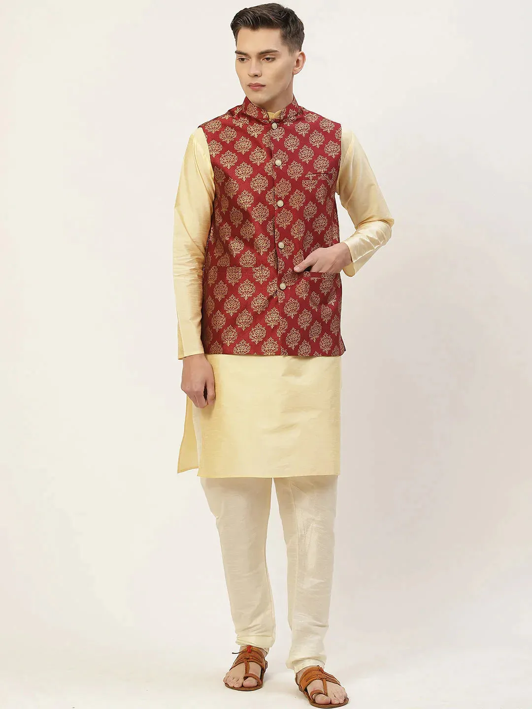 Men'S Maroon Printed Nehru Jacket