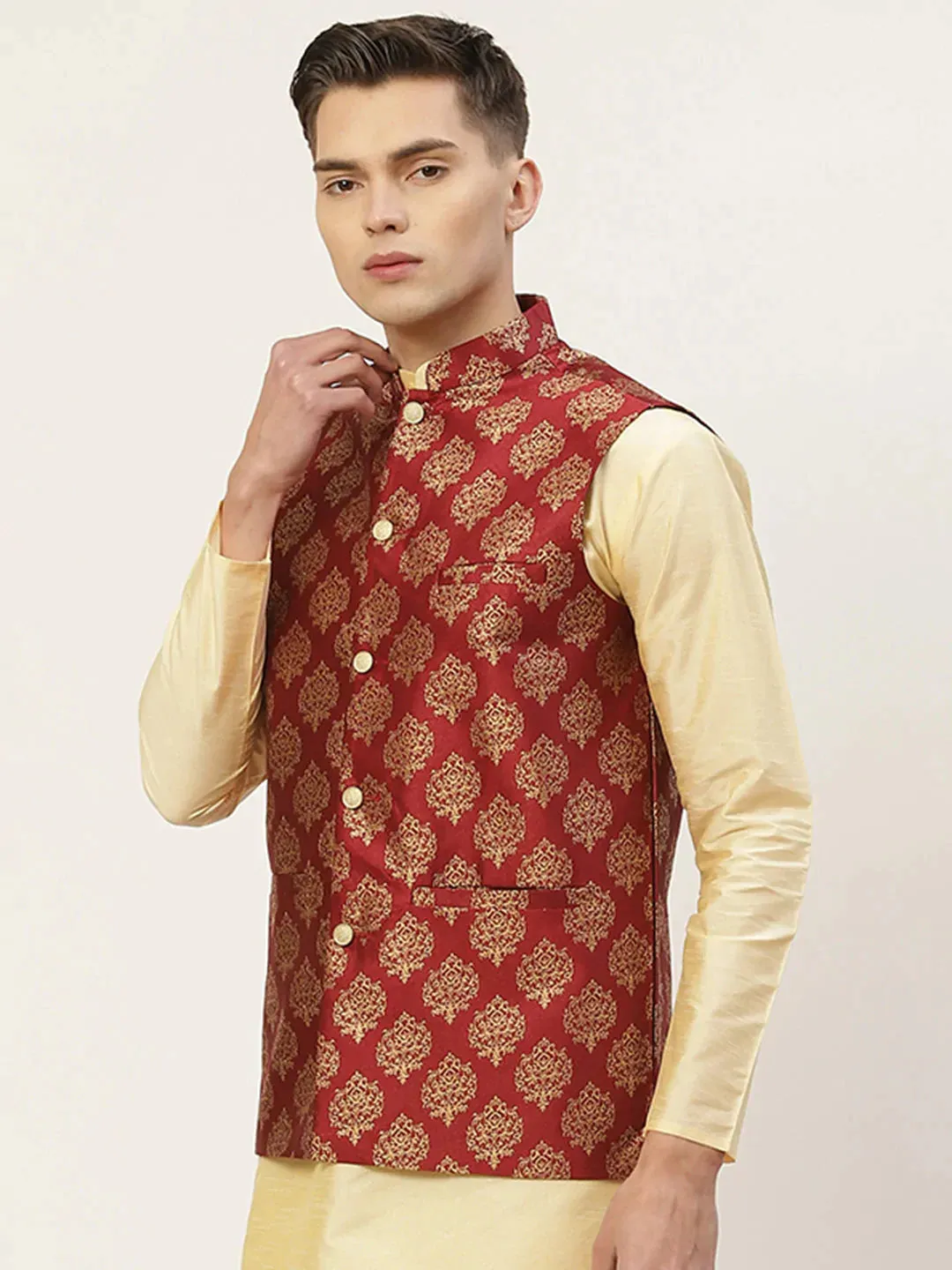 Men'S Maroon Printed Nehru Jacket