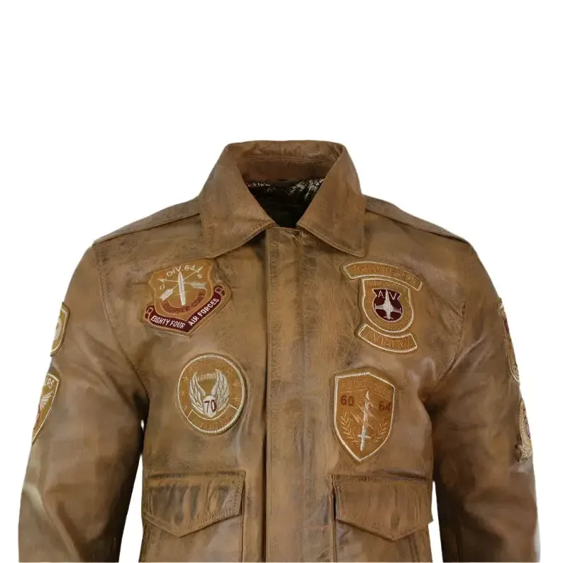 Men's Vintage Tan Aviator Bomber Jacket with Removable Black Fur Collar