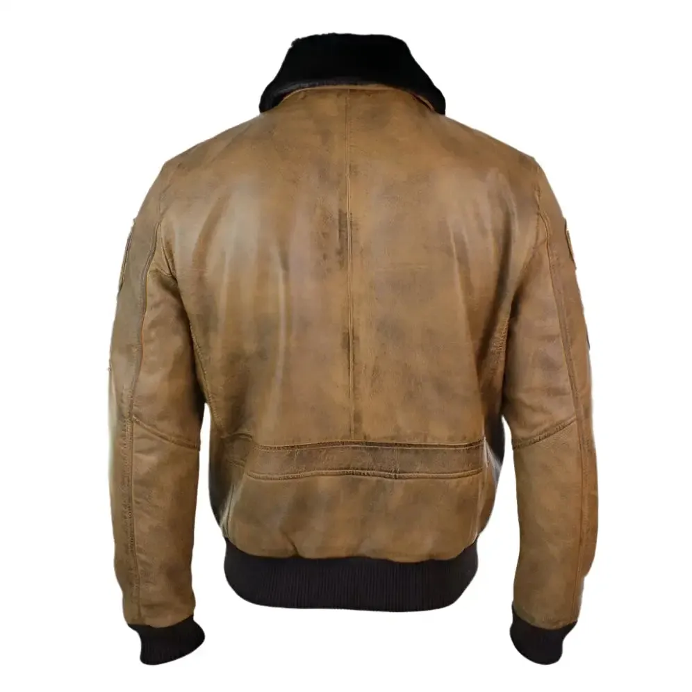Men's Vintage Tan Aviator Bomber Jacket with Removable Black Fur Collar