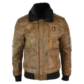 Men's Vintage Tan Aviator Bomber Jacket with Removable Black Fur Collar