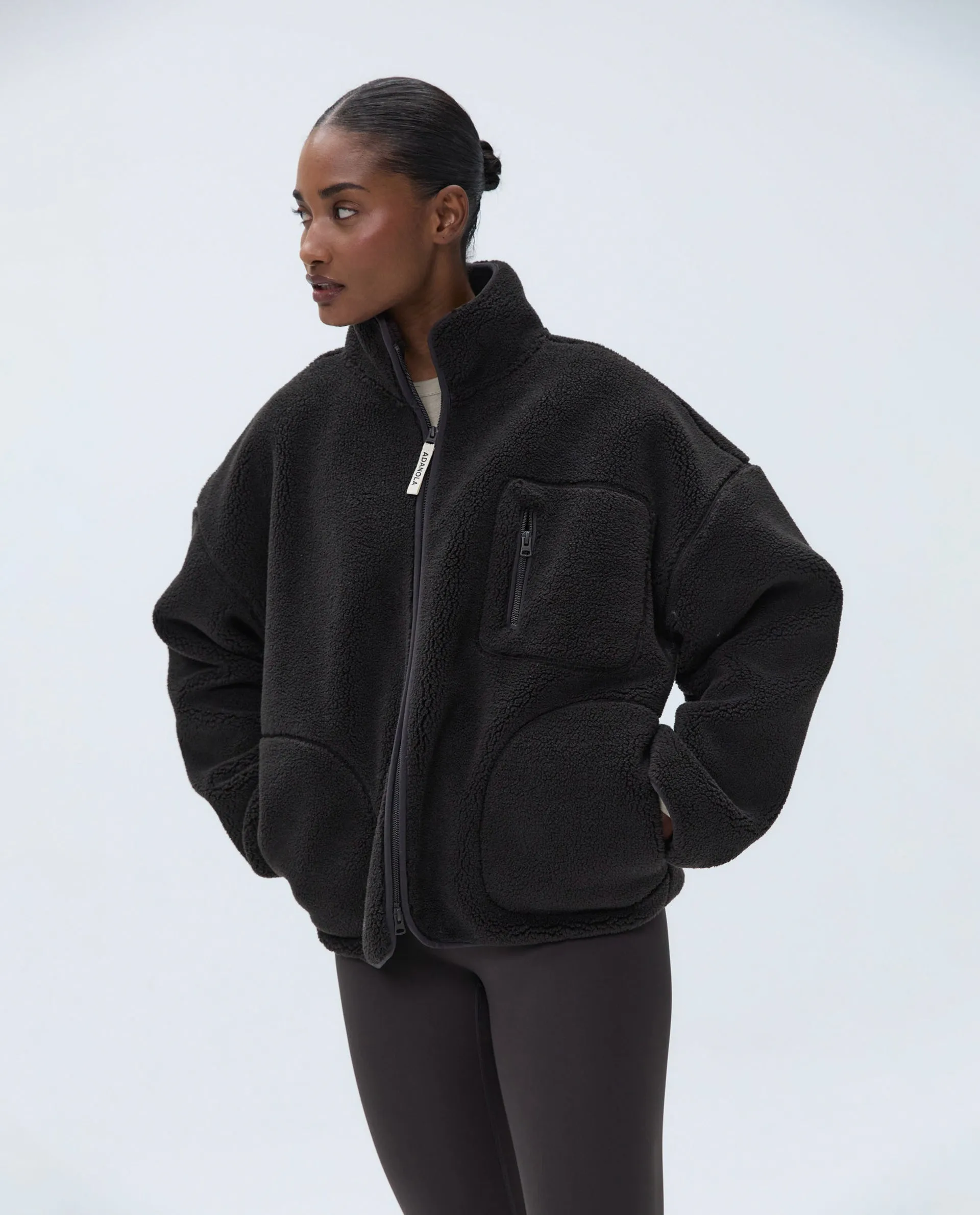 Oversized Pocket Zip Through Fleece - Coffee Bean