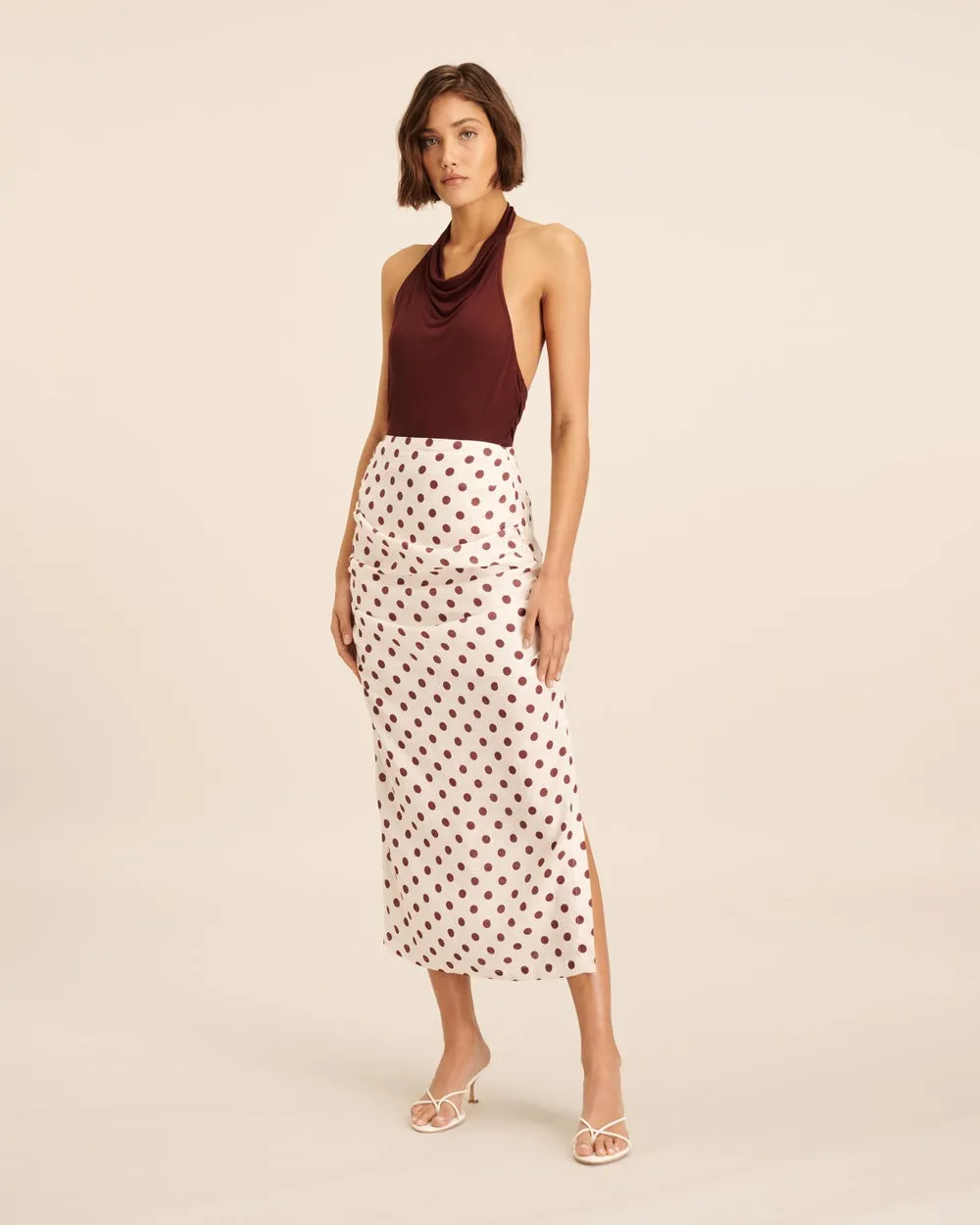 Playful linen polka dot skirt  - pair with the brown top, white polo or knitted vest