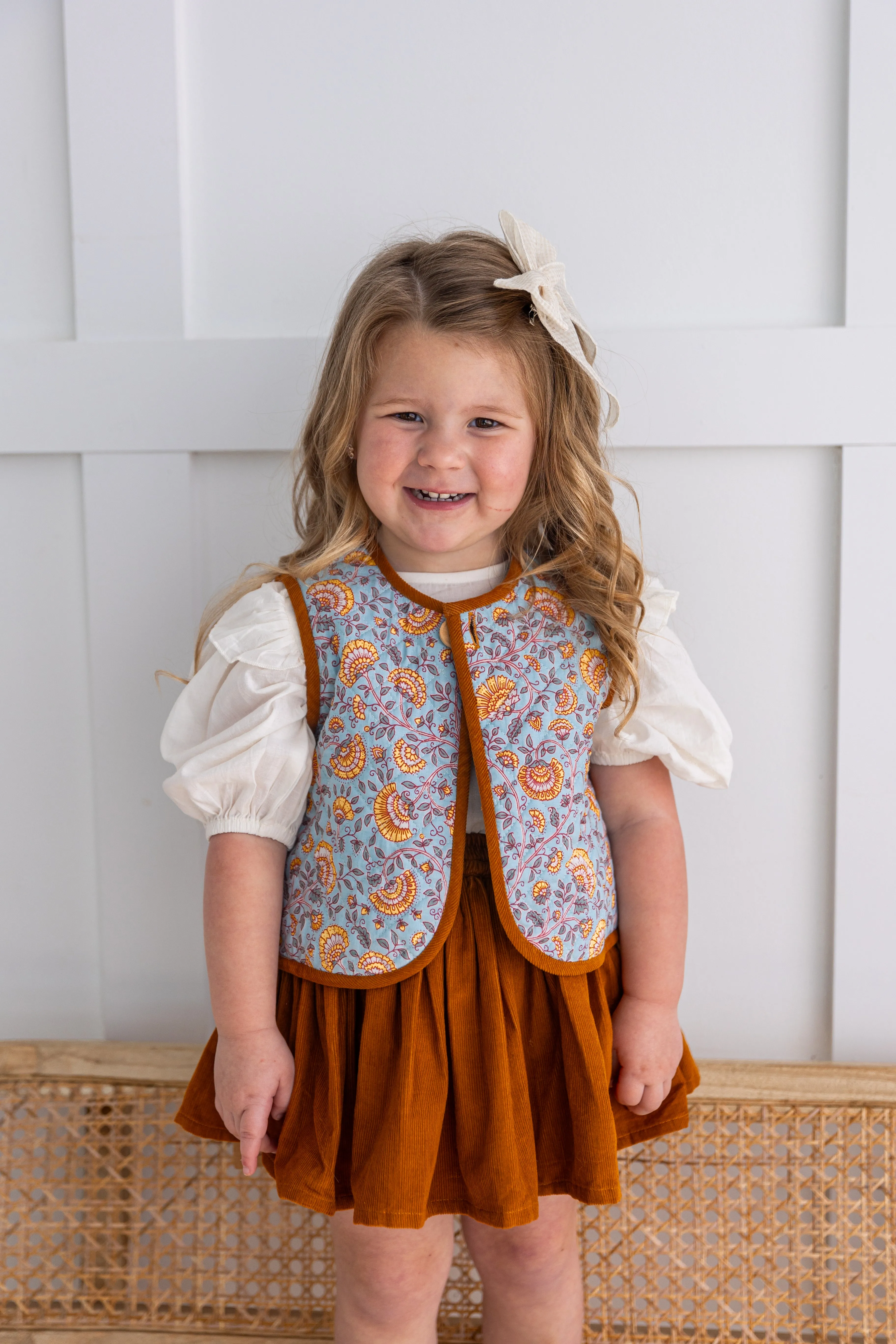Reversible Rust Corduroy & Blue Floral Print Quilted Sleeveless Jacket
