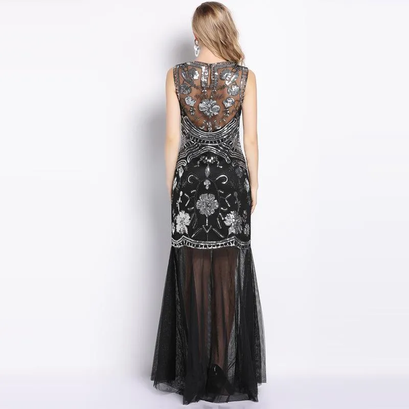 Summer New High-End Luxury Ladies Sleeveless Sequins Beaded Maxi Dress